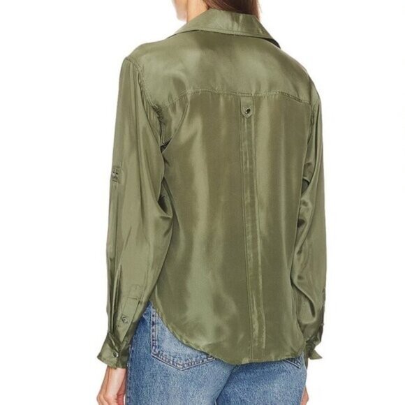 Veronica Beard Silk Jada Blouse Olive Green Button Front Long/Roll Sleeves 8 - Picture 5 of 12
